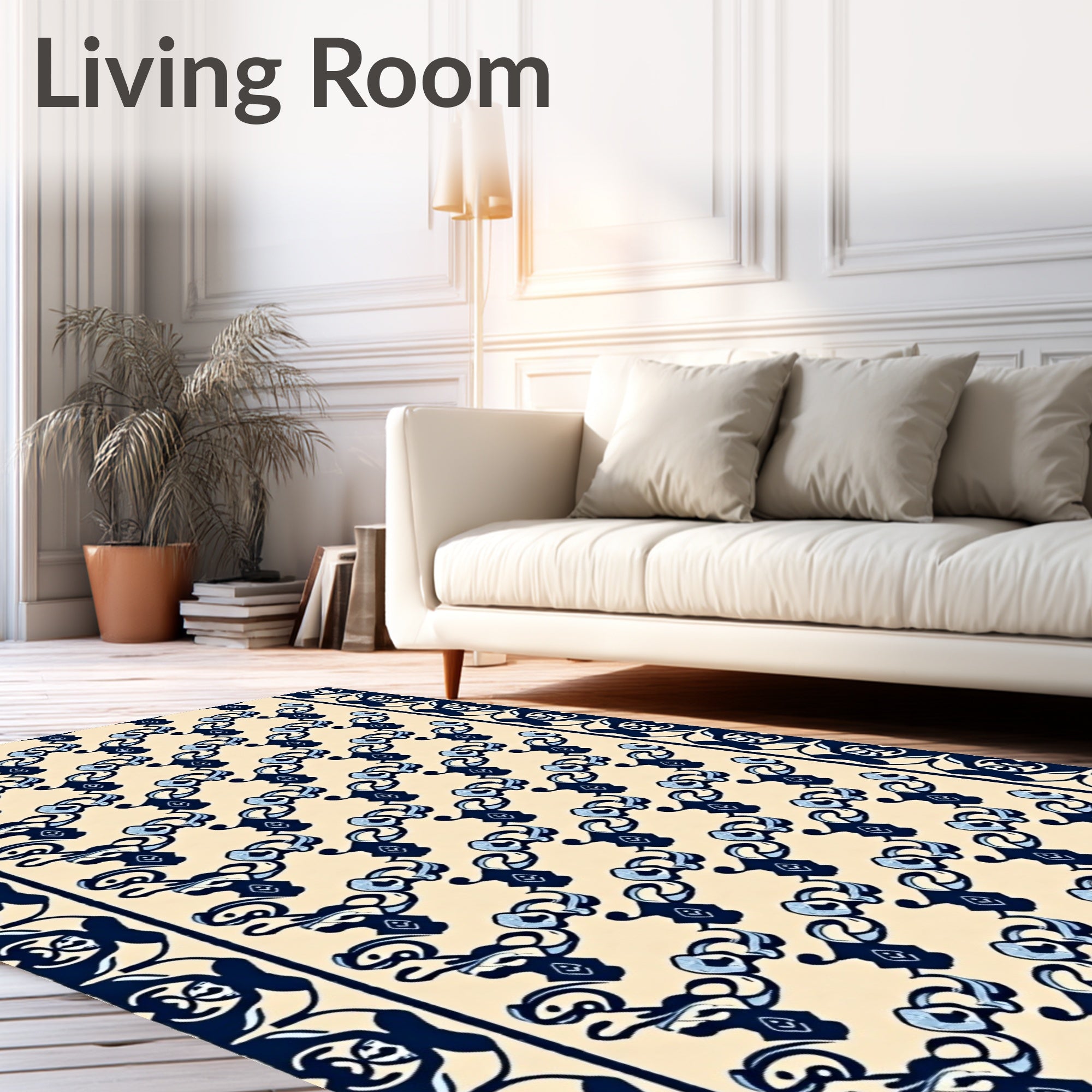 Ivory Blue Swirled Ribbon Border Rug