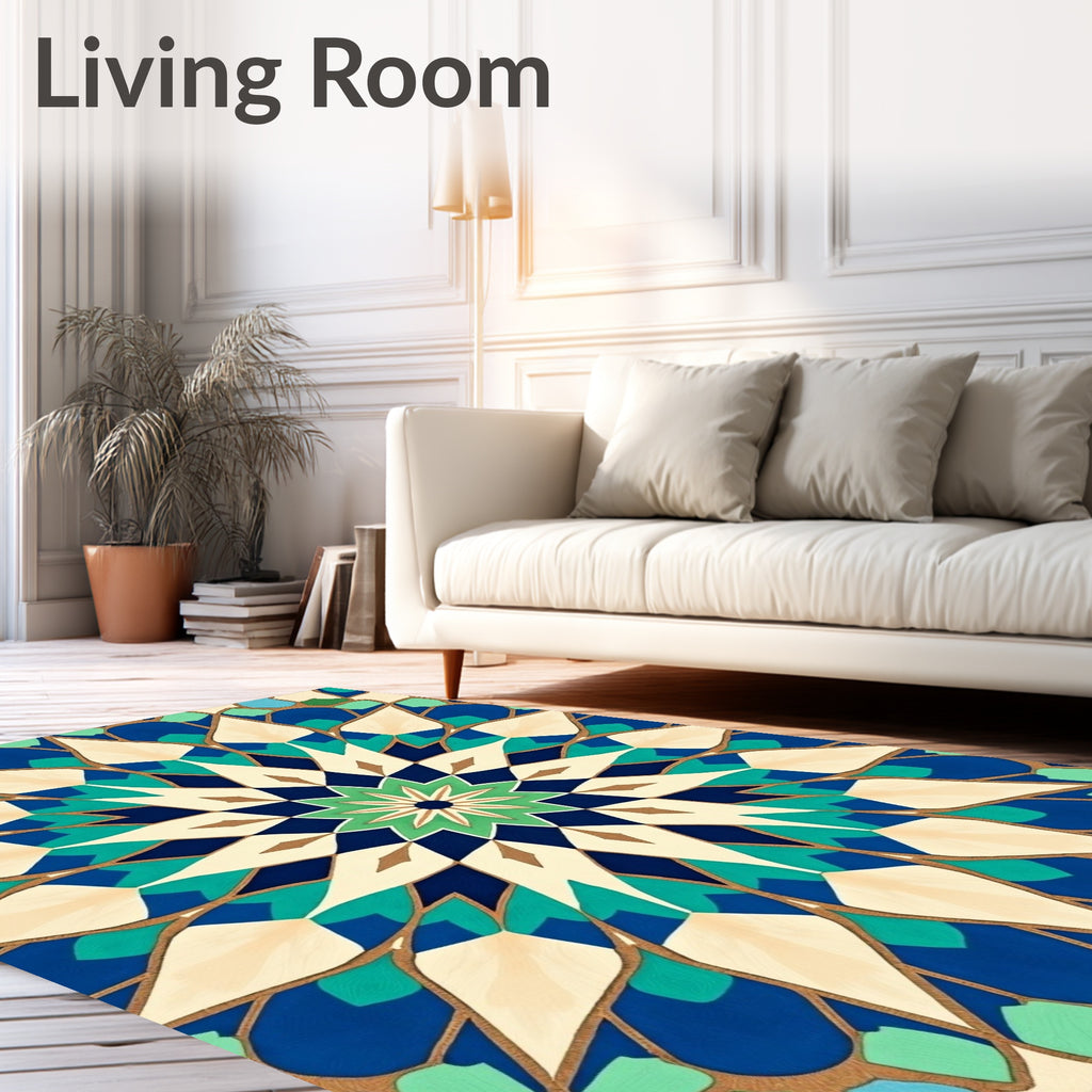 Blue Green Cream Geometric Medallion Rug