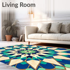 Blue Green Cream Geometric Medallion Rug