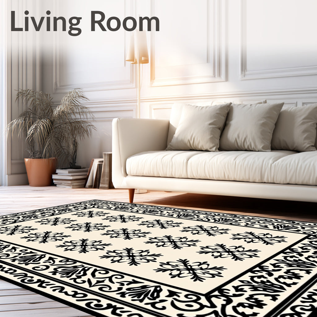 Black Creme Floral Medallion Border Rug