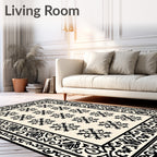 Black Creme Floral Medallion Border Rug