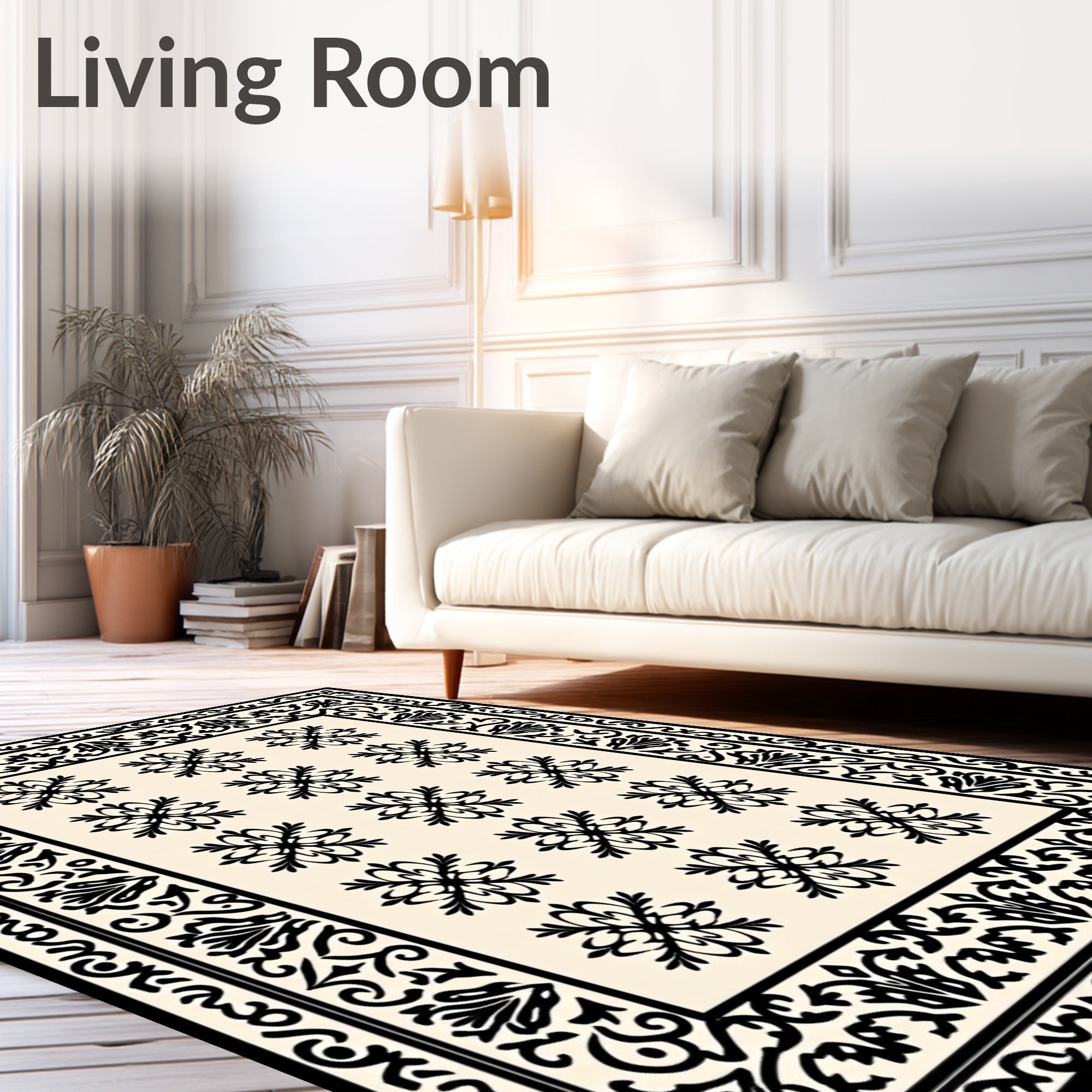 Black Creme Floral Medallion Border Rug