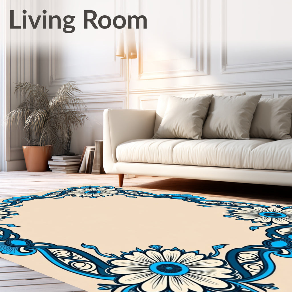 Ornate Blue Floral Border With Centerpiece Rug