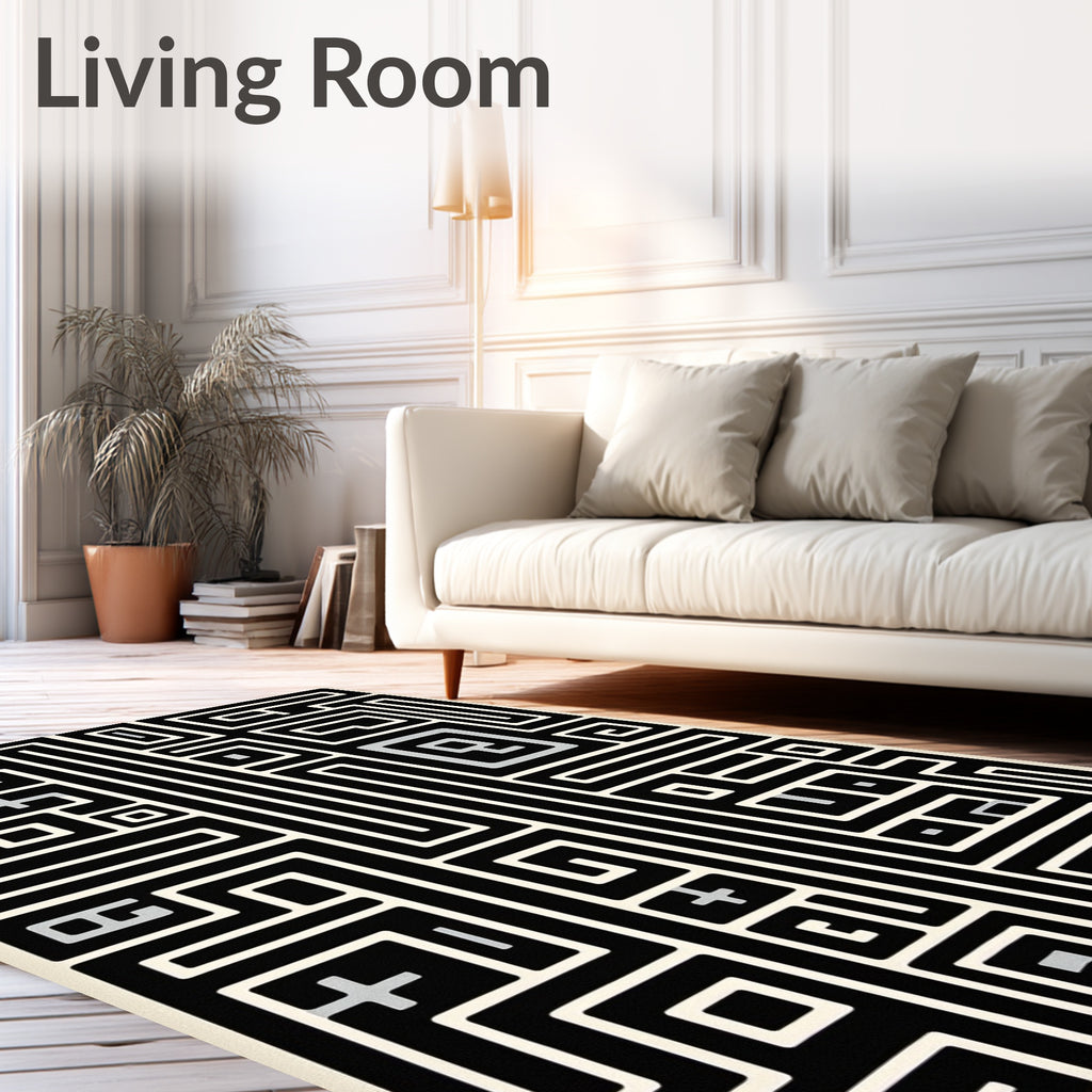 Black Cream Geometric Maze Art Rug