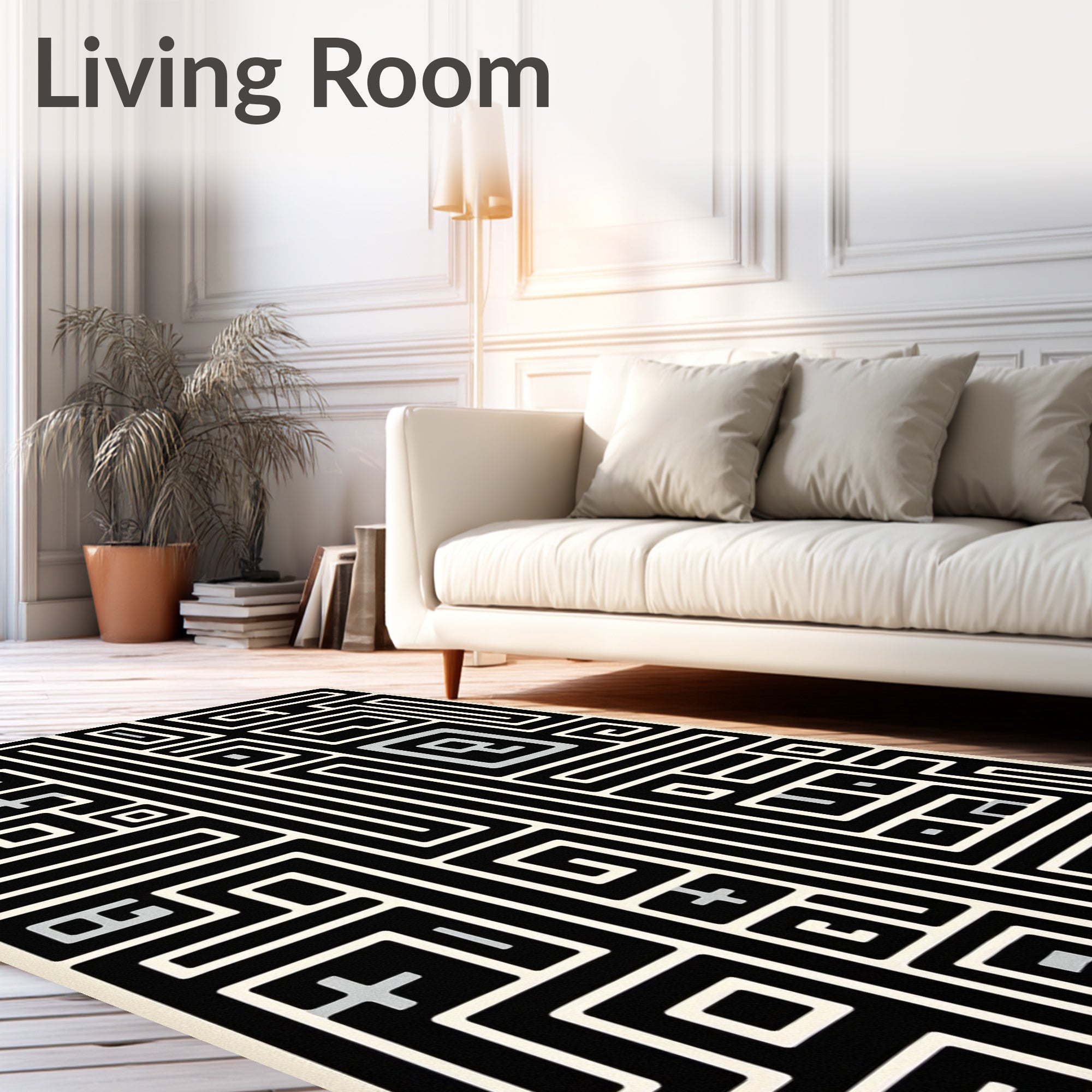 Black Cream Geometric Maze Art Rug