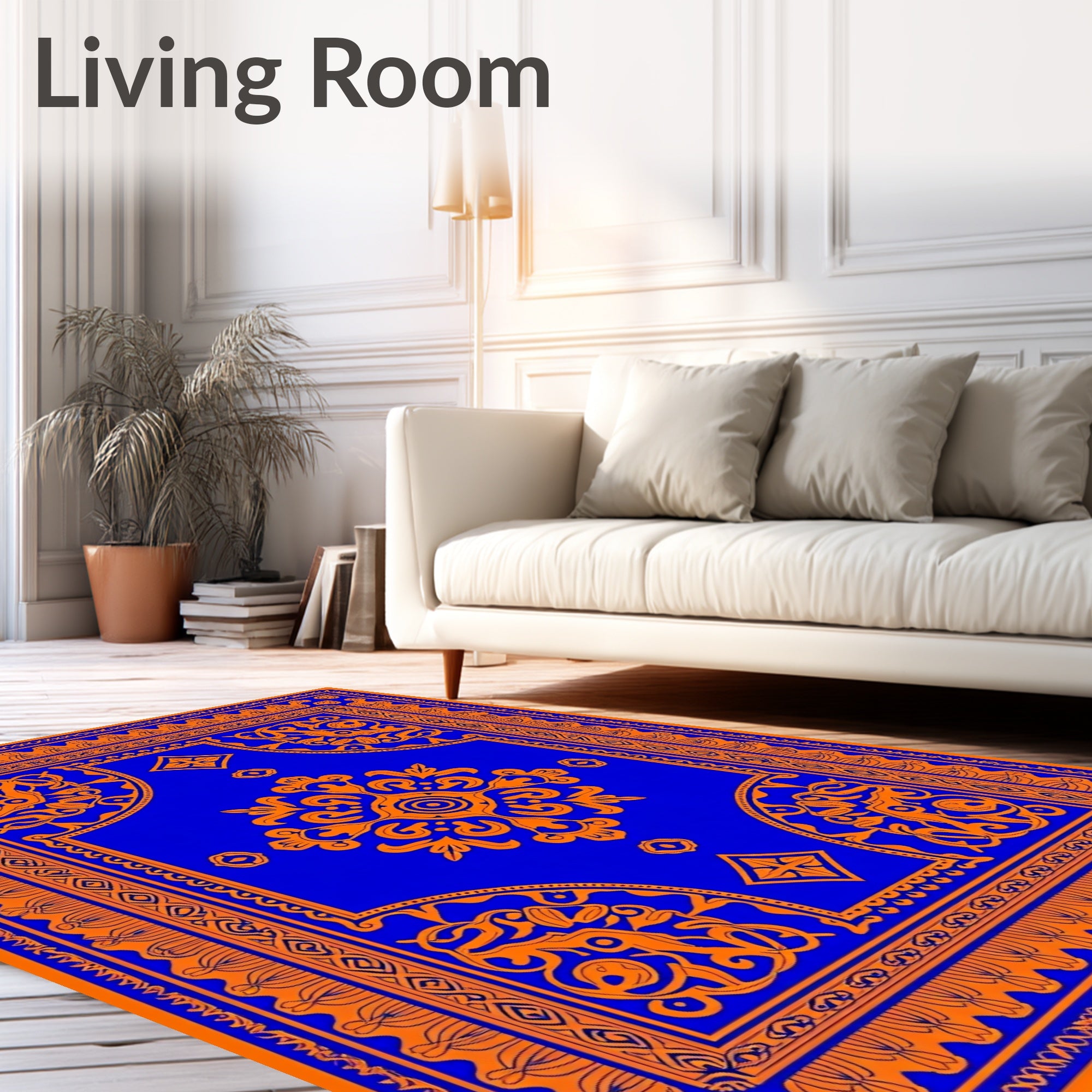 Vibrant Blue Orange Floral Medallion Rug