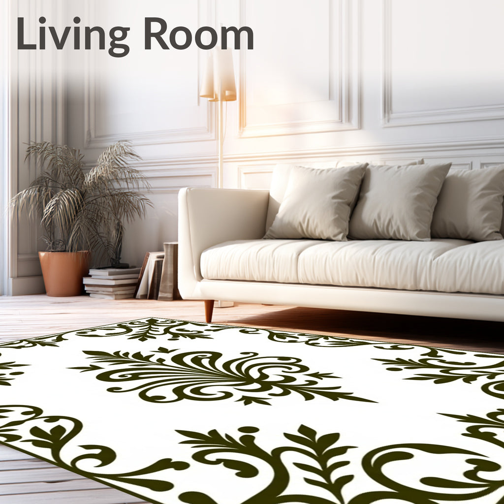 Dark Green Floral Scrollwork Border Rug