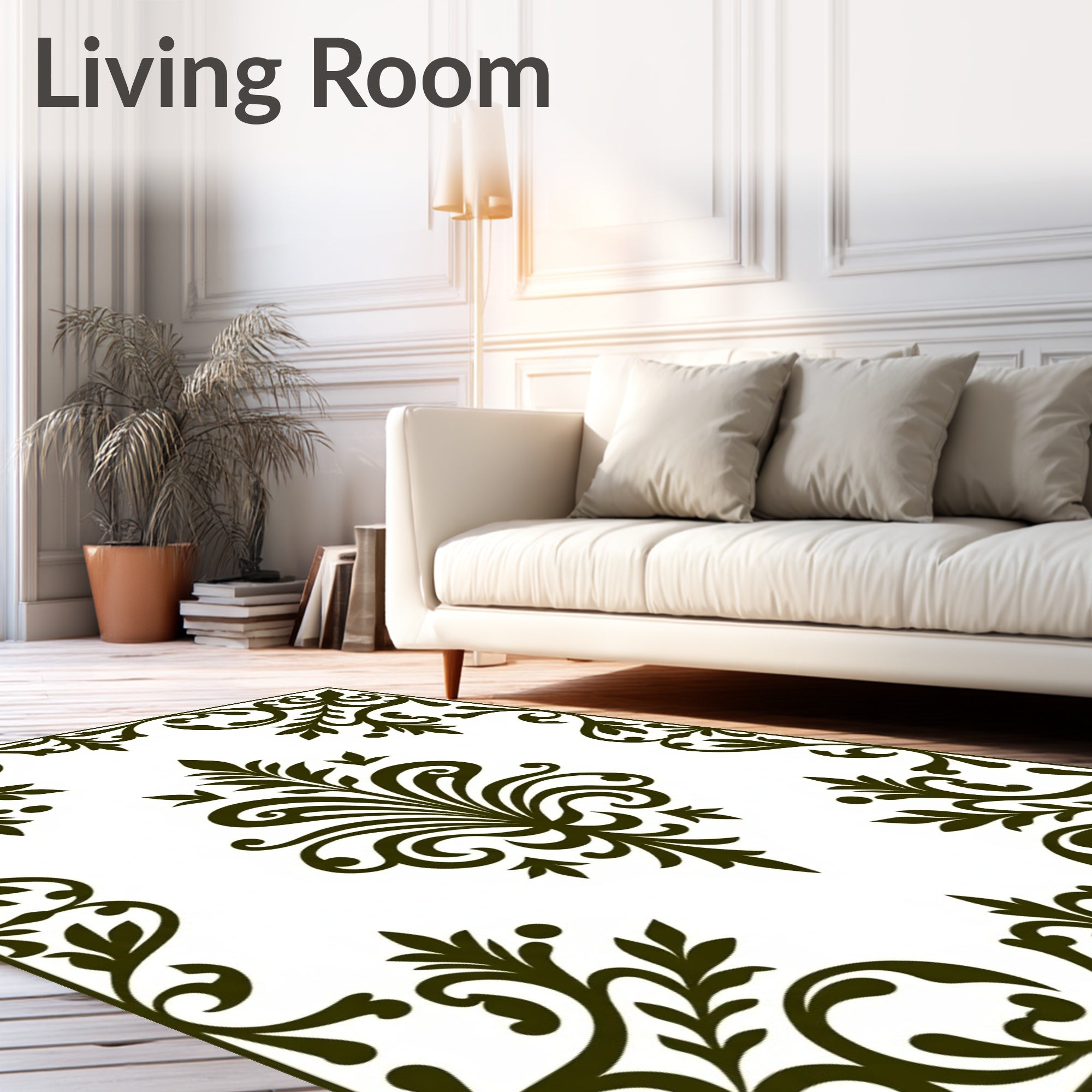 Dark Green Floral Scrollwork Border Rug