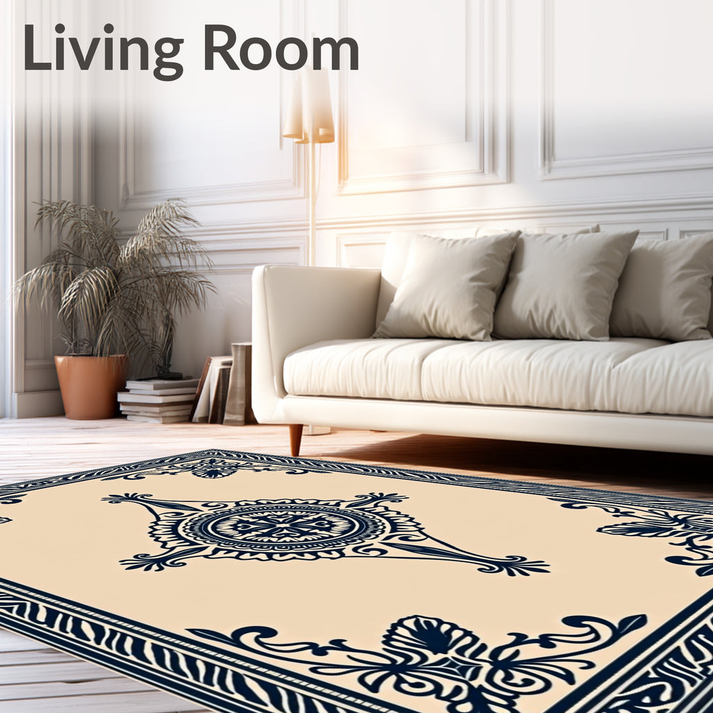 Cream Navy Medallion Border Rug