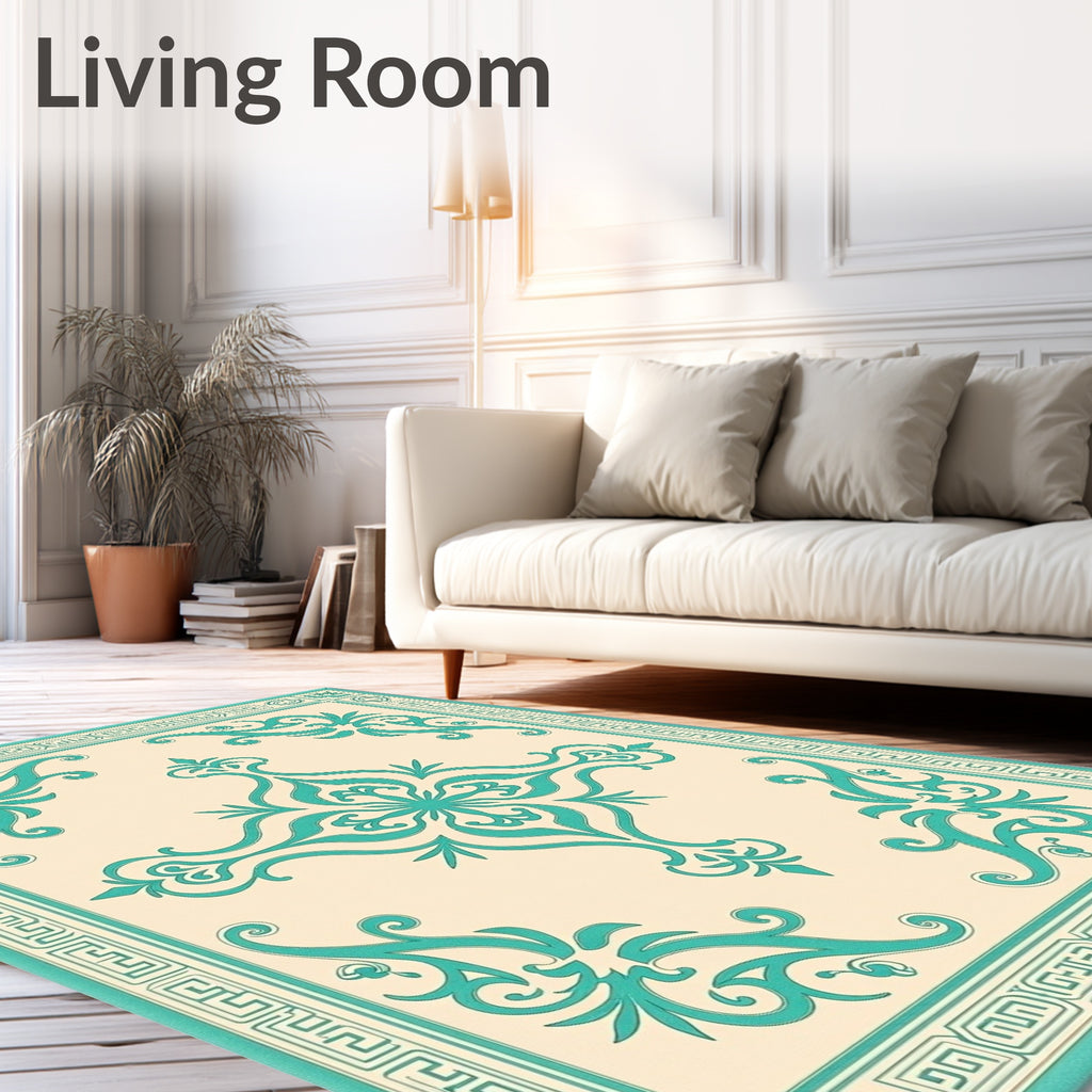 Cream Teal Classic Scroll Border Rug