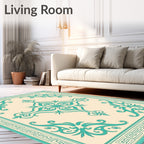 Cream Teal Classic Scroll Border Rug