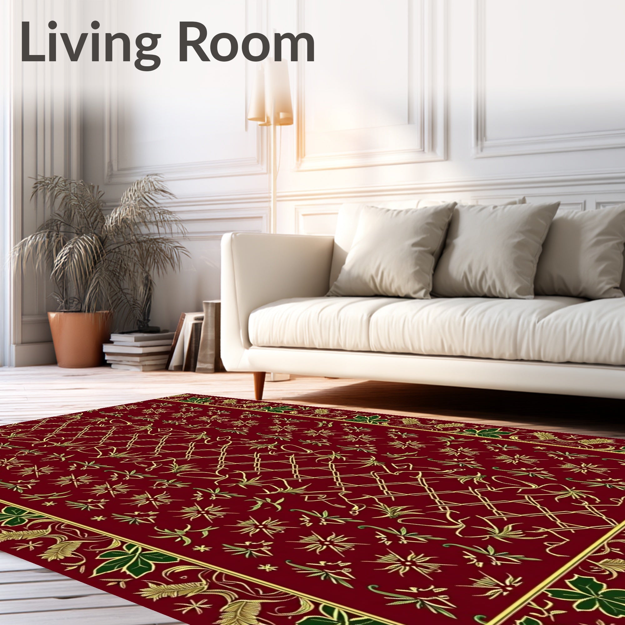 Crimson Gold Leaf Scroll Intertwined Vine Rug