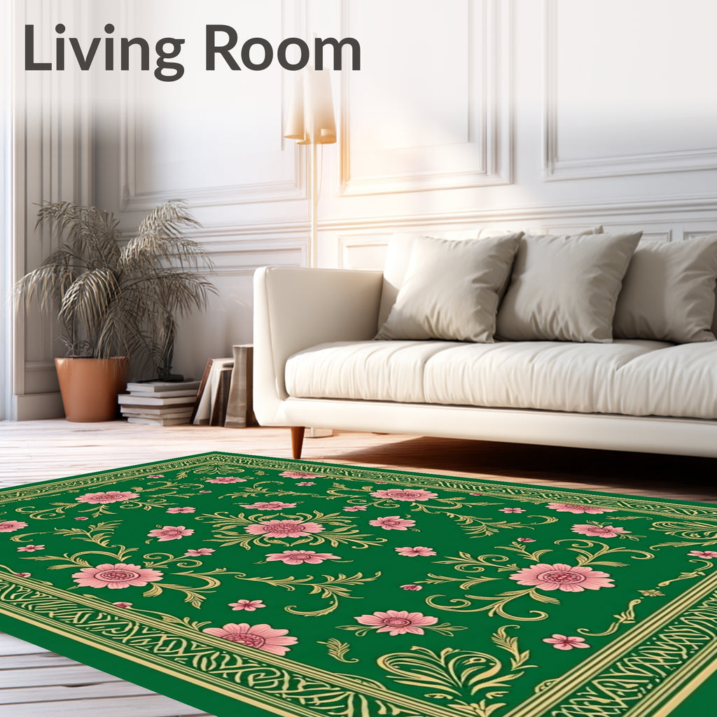 Emerald Green Pink Floral Garden Rug