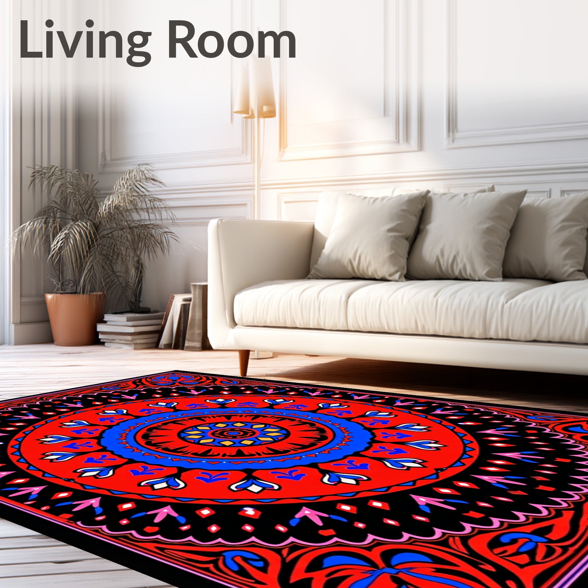 Vibrant Red Blue Floral Mandala Rug