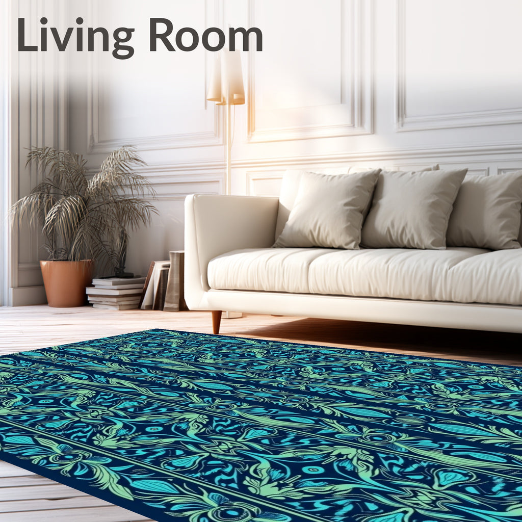 Art Nouveau Teal Floral Vertical Stripe Rug