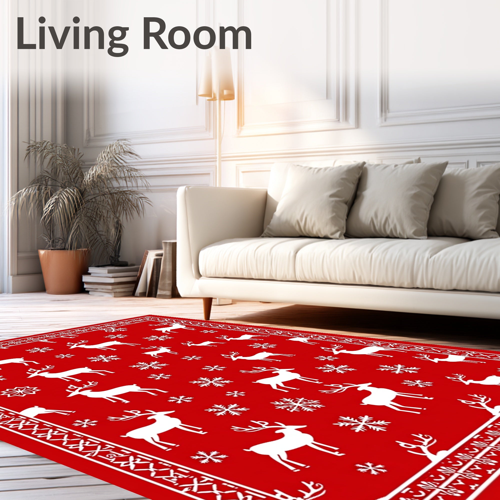 Festive Red Reindeer Snowflake Border Rug