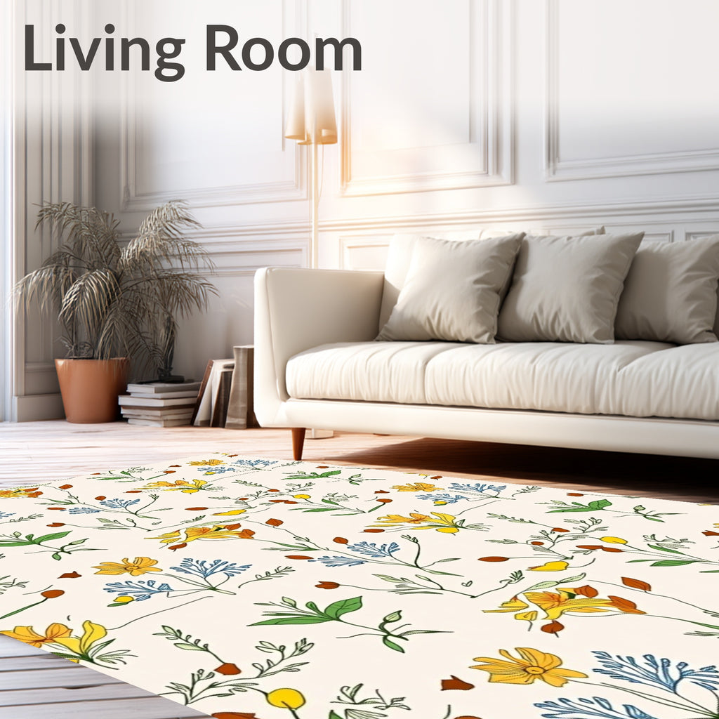 Delicate Yellow Blue Botanical Garden Sketch Rug