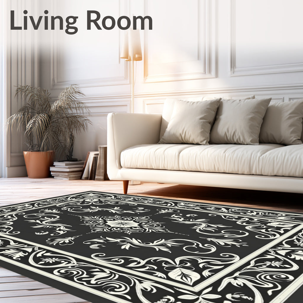 Antique Black White Floral Scroll Rug
