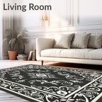 Antique Black White Floral Scroll Rug
