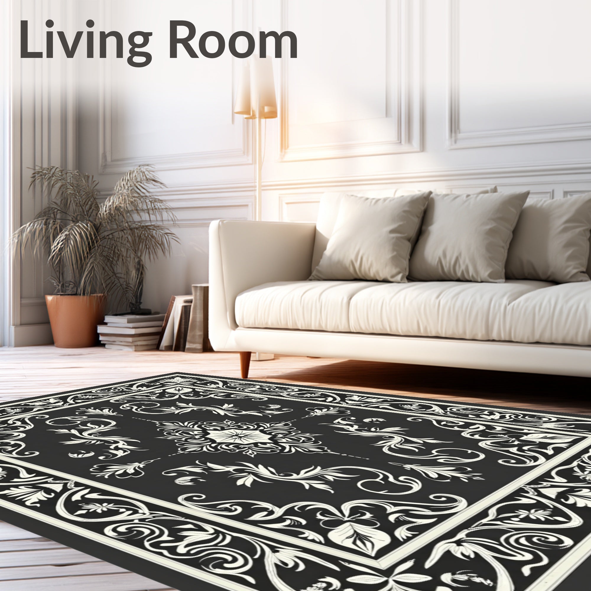 Antique Black White Floral Scroll Rug