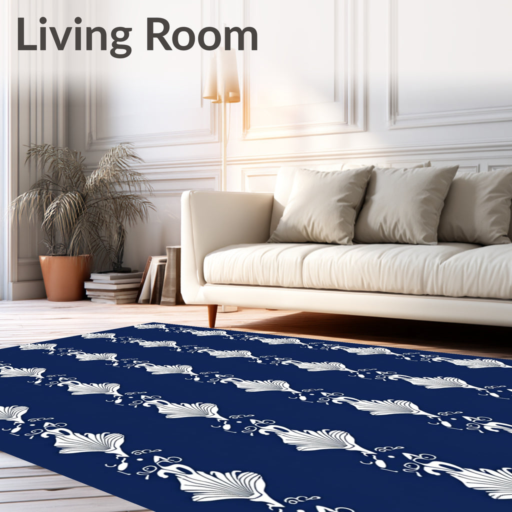 Classic Navy White Shell Flourish Stripe Rug