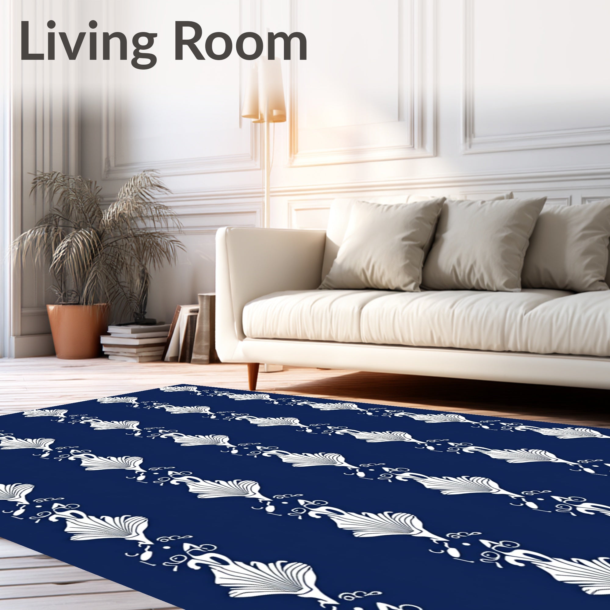 Classic Navy White Shell Flourish Stripe Rug