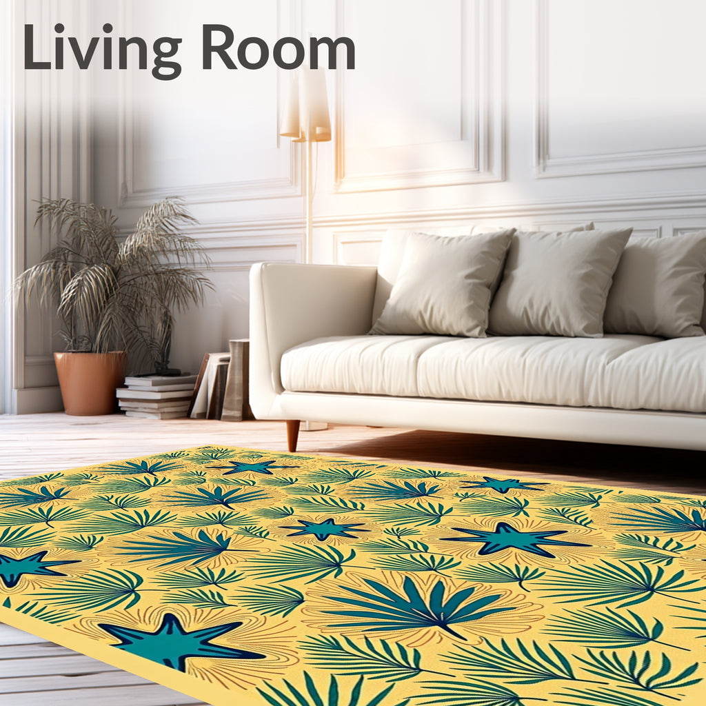 Teal Starburst Foliage Yellow Background Rug