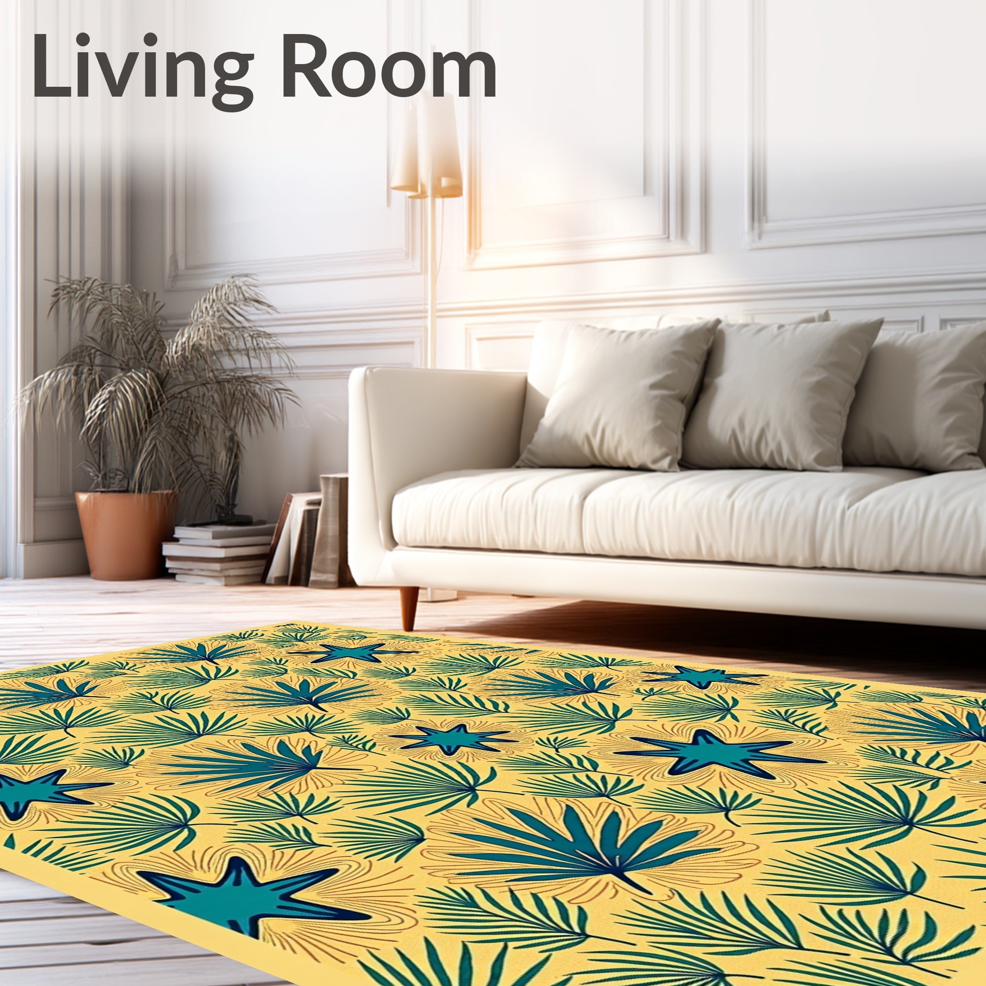 Teal Starburst Foliage Yellow Background Rug