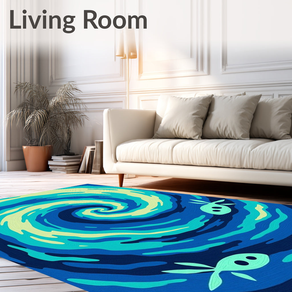 Deep Blue Swirling Ocean Fish Rug