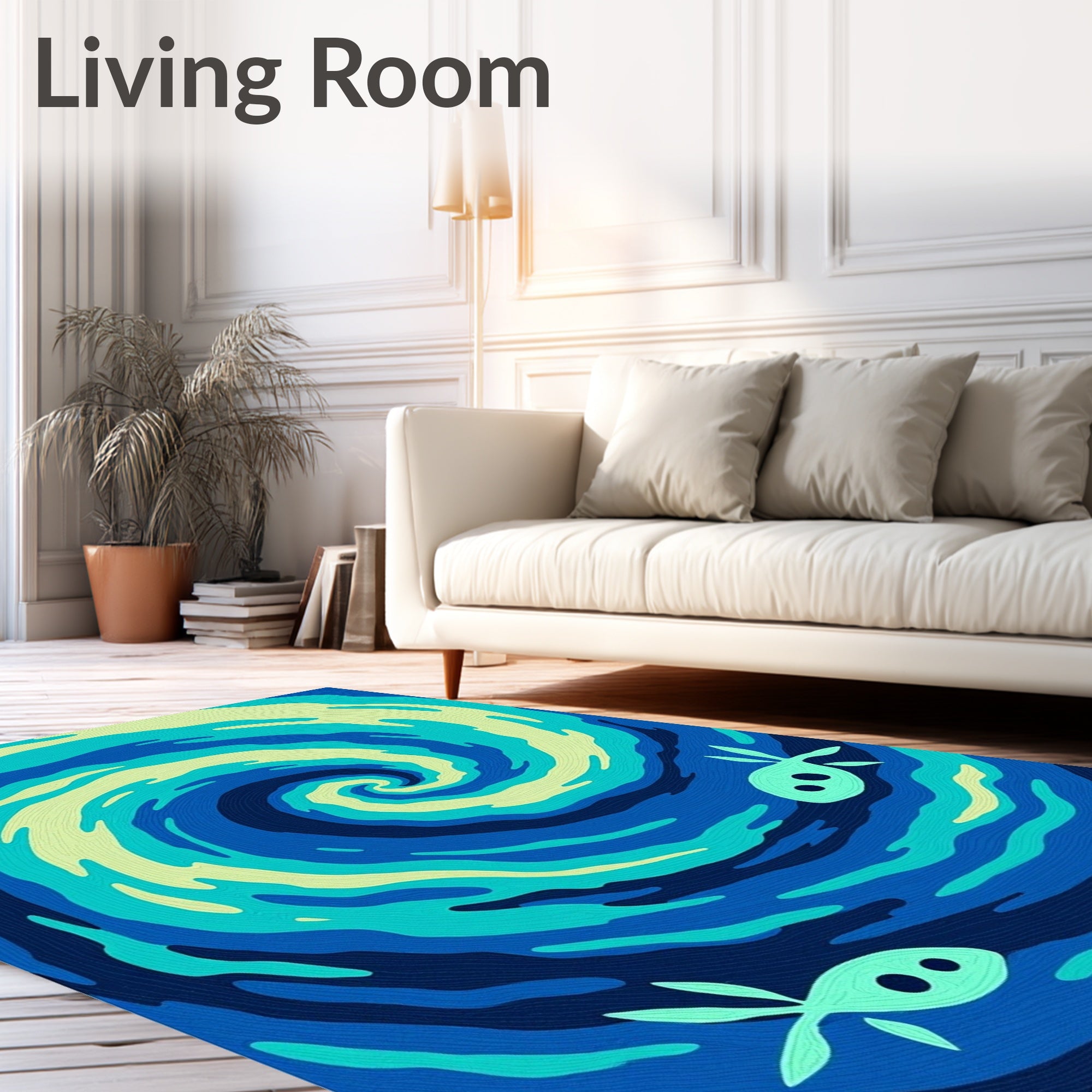 Deep Blue Swirling Ocean Fish Rug