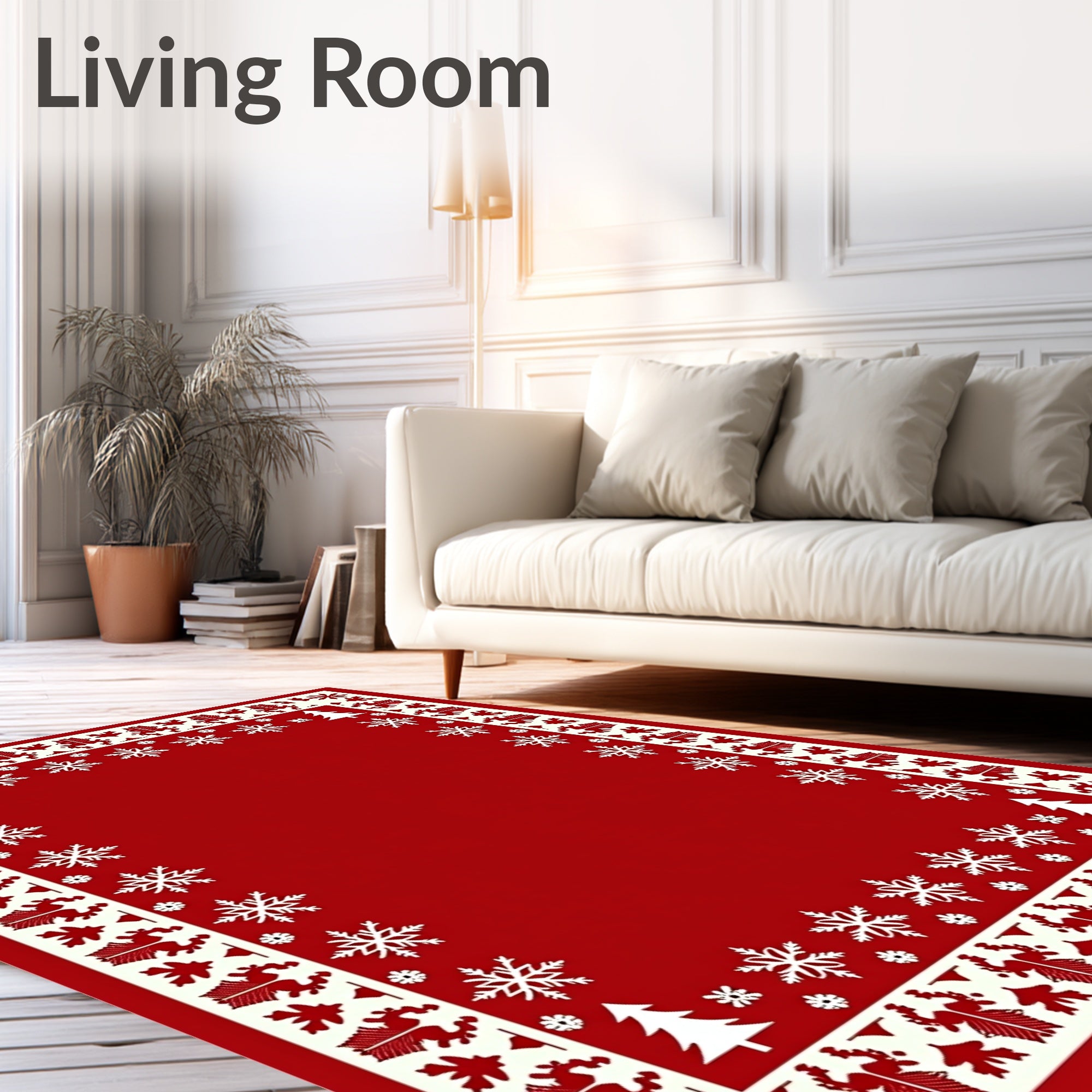 Red White Festive Snowflake Border Rug