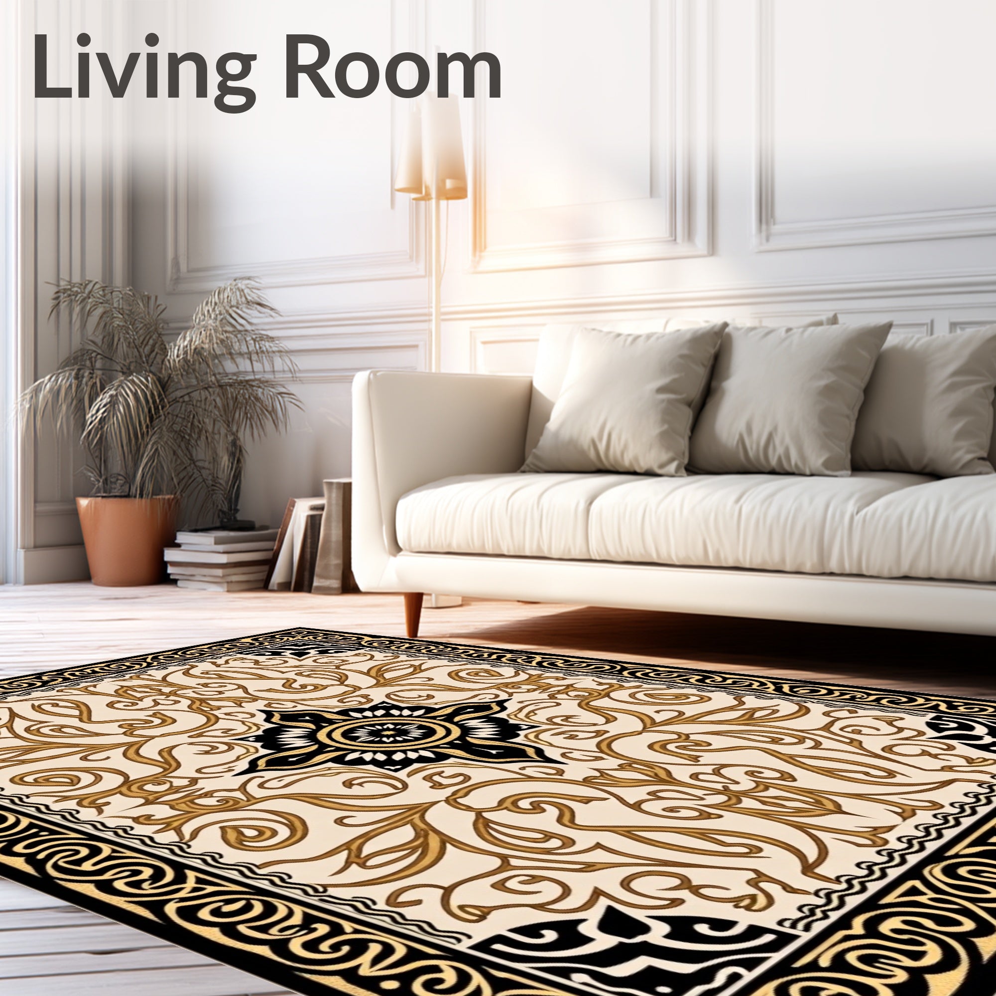 Antique Gold Floral Bordered Cream Rug