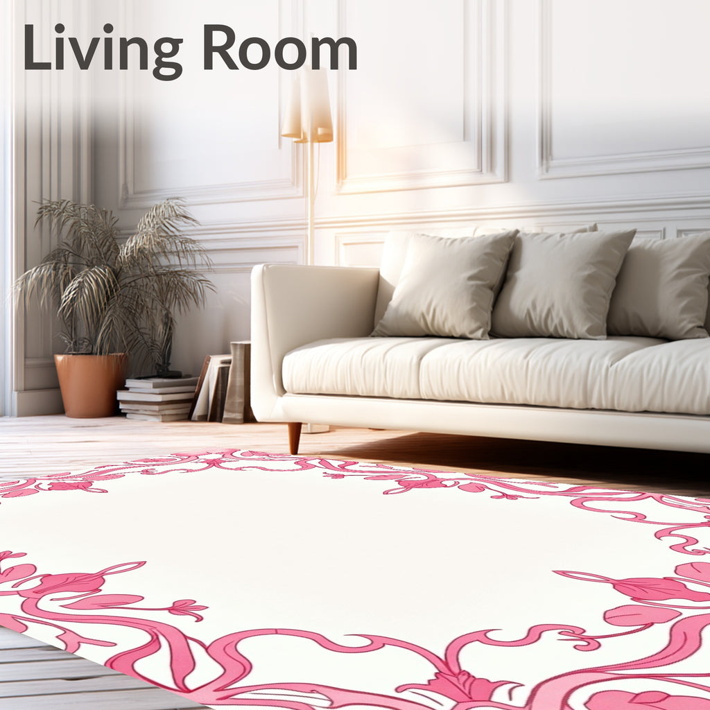 Ornate Pink Floral Scroll Frame Rug