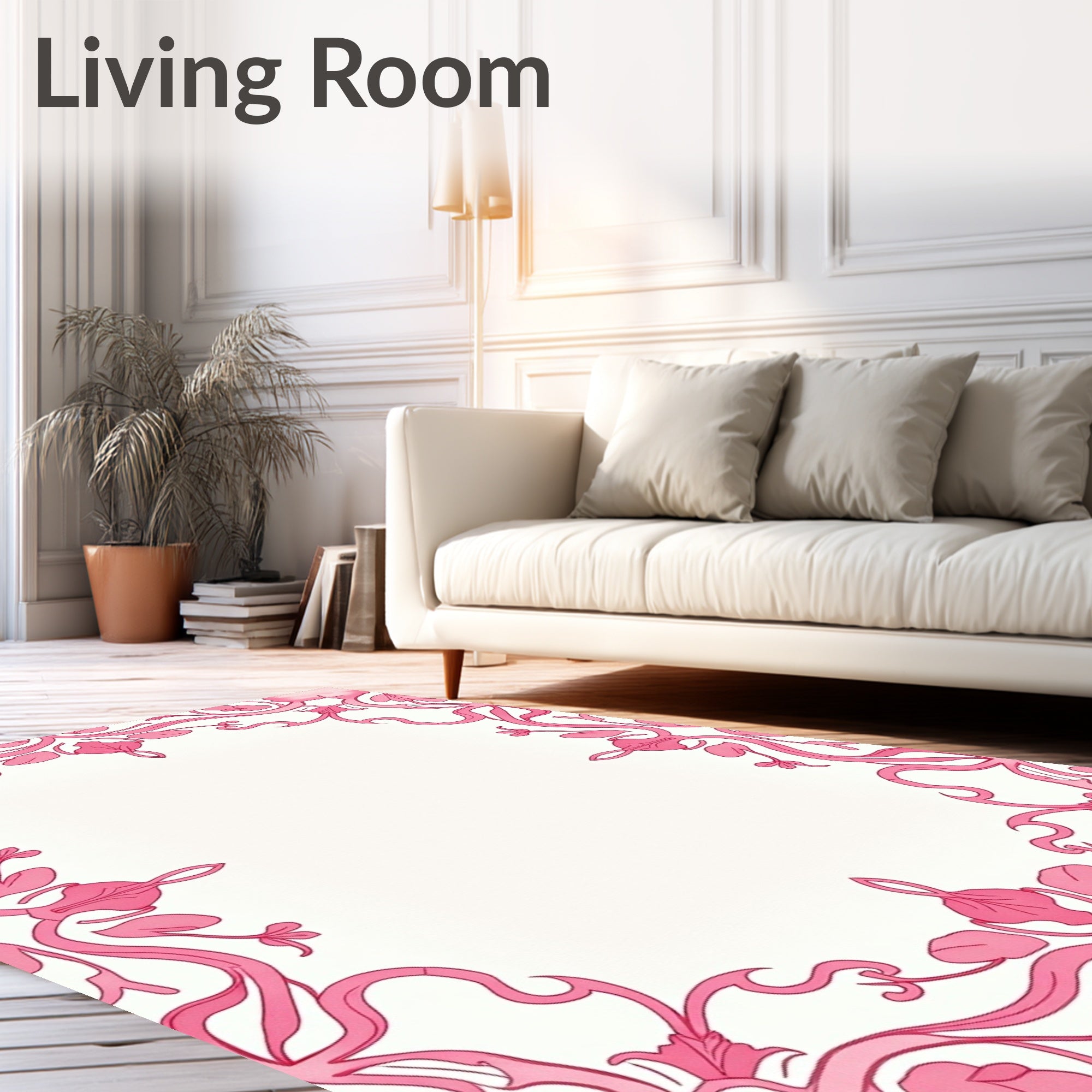 Ornate Pink Floral Scroll Frame Rug