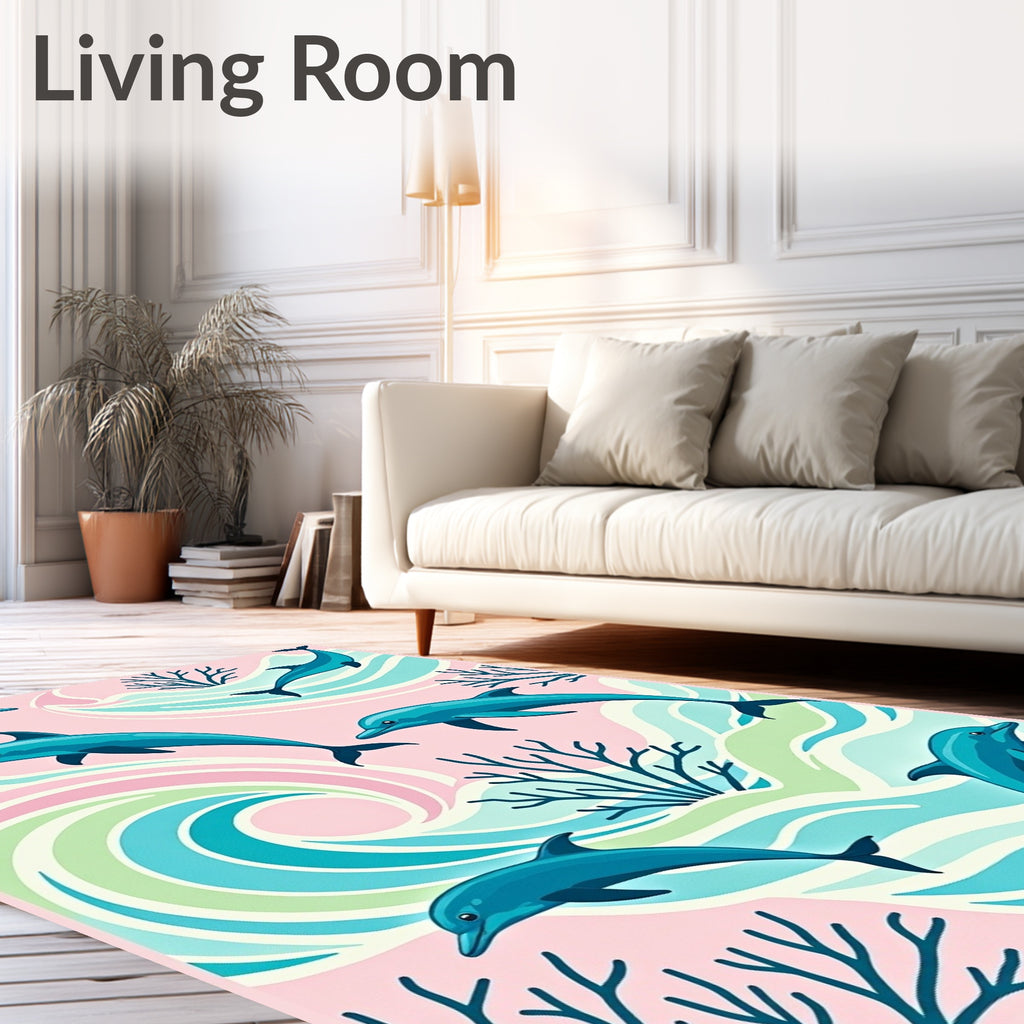 Playful Teal Dolphins Coral Waves Rug