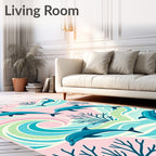 Playful Teal Dolphins Coral Waves Rug