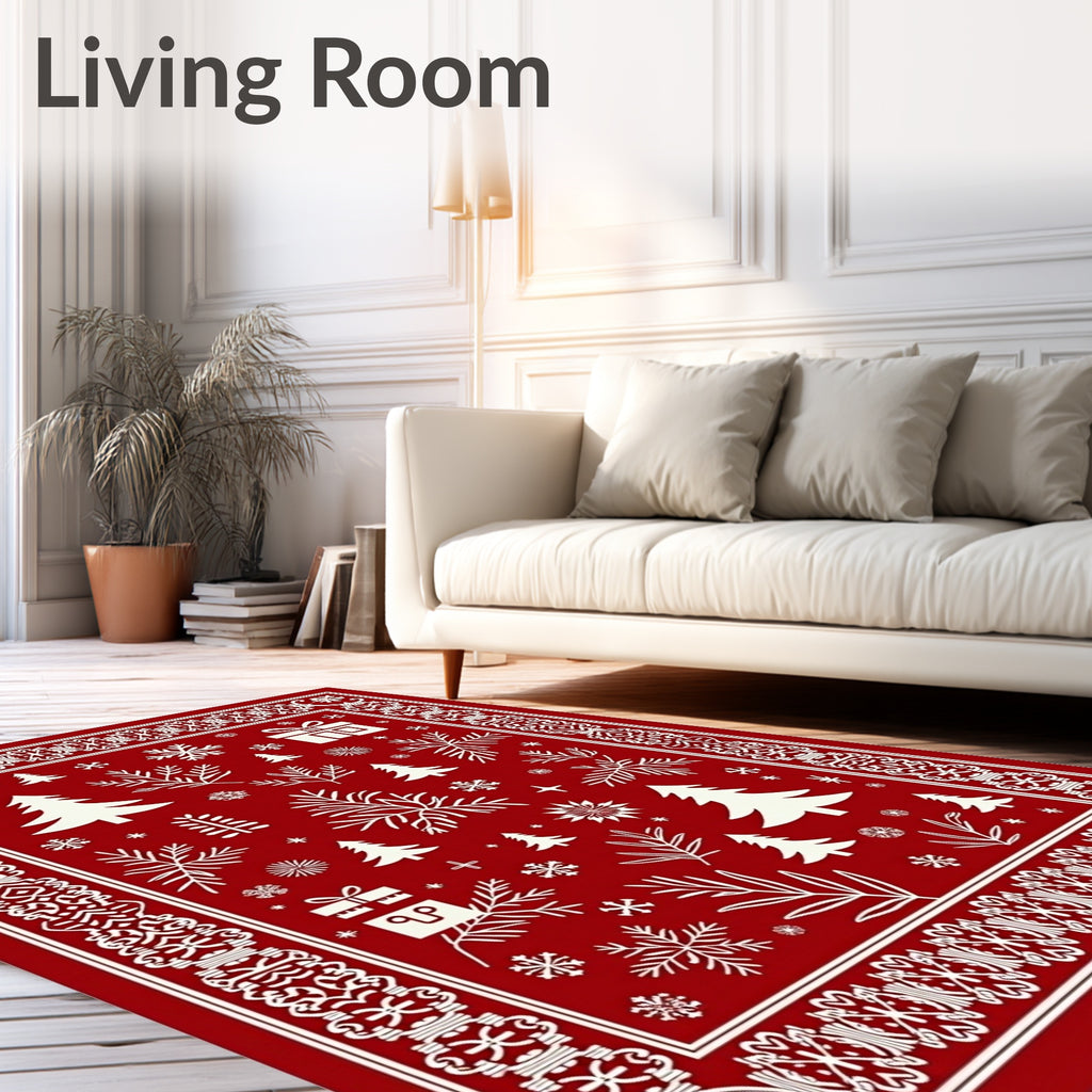 Red White Festive Holiday Trees Snowflakes Rug