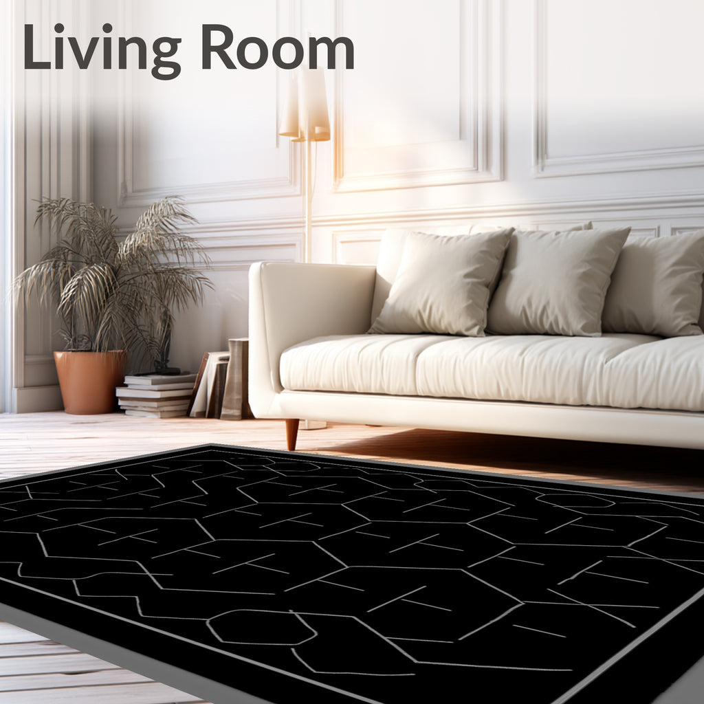 Geometric Black White Hexagon Line Art Rug