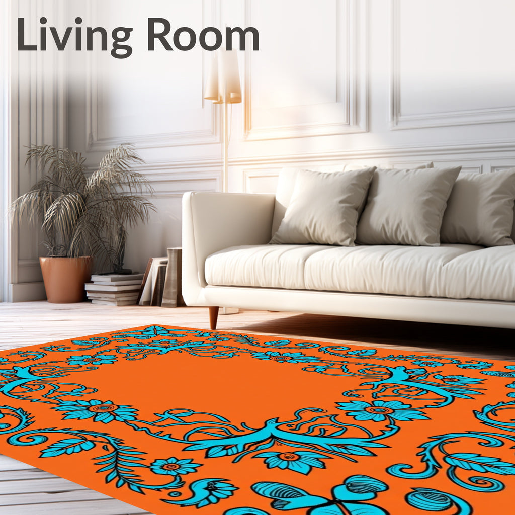 Bright Orange Teal Floral Scrollwork Rug