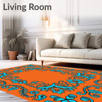 Bright Orange Teal Floral Scrollwork Rug