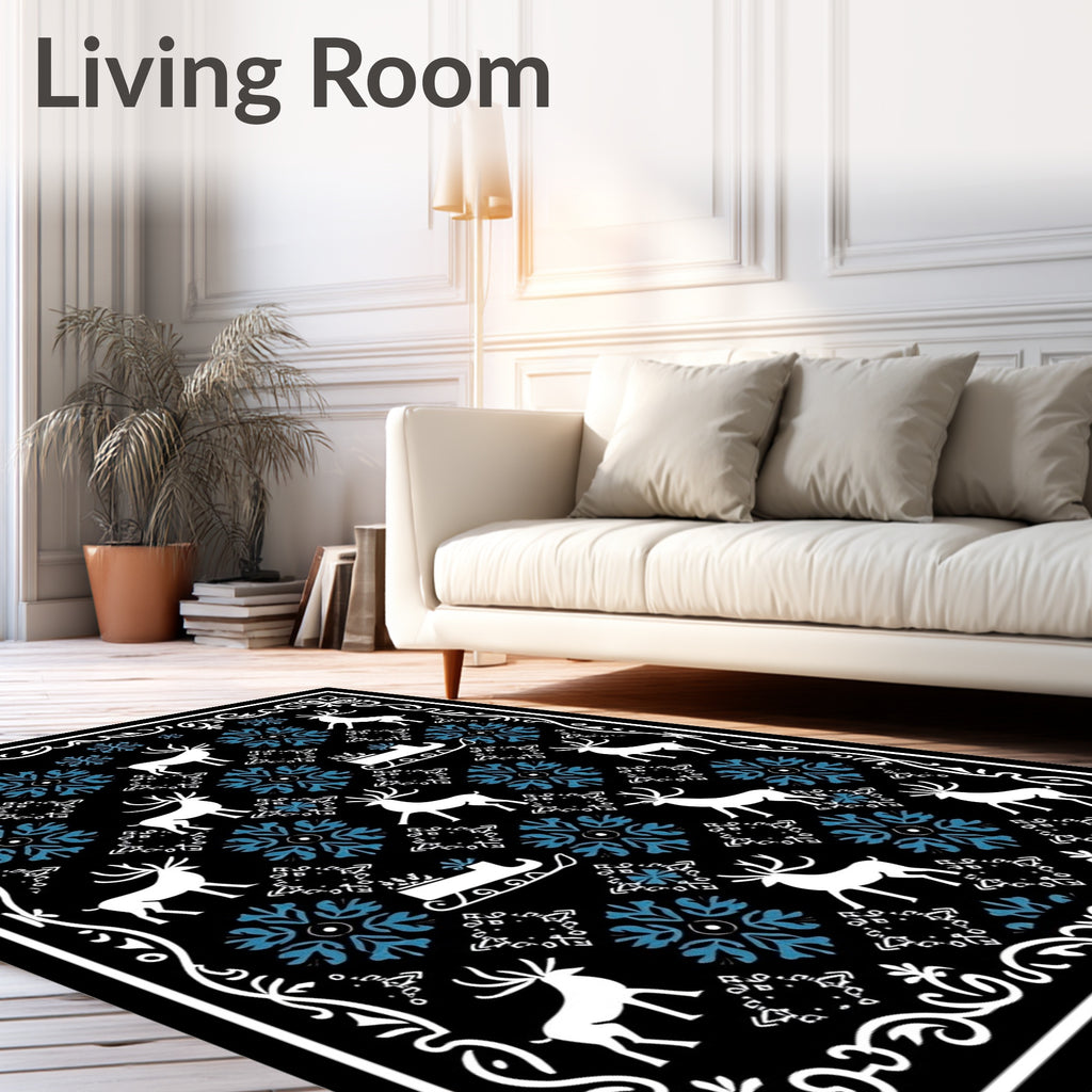 White Reindeer Blue Snowflake Sleigh Black Rug