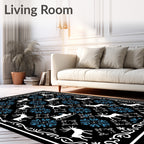 White Reindeer Blue Snowflake Sleigh Black Rug
