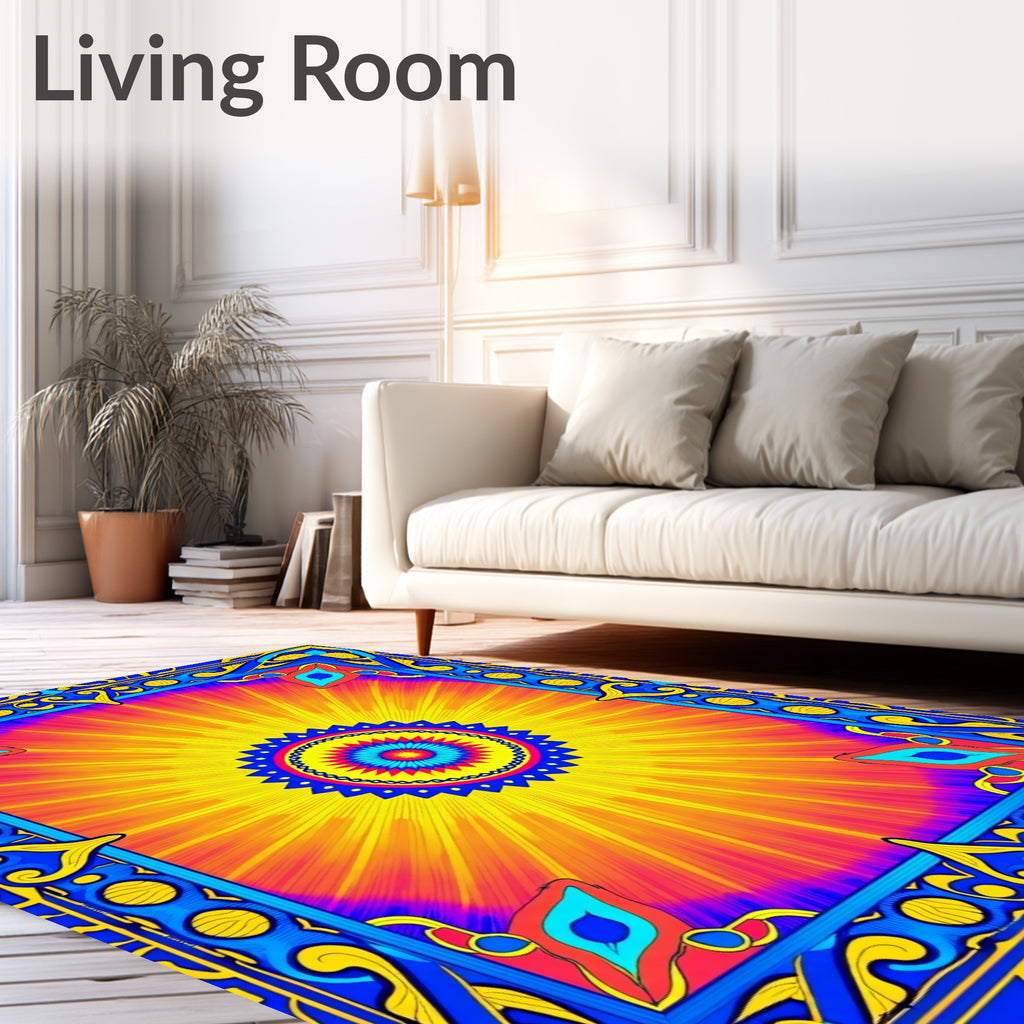 Vibrant Sunburst Mandala Blue Border Rug