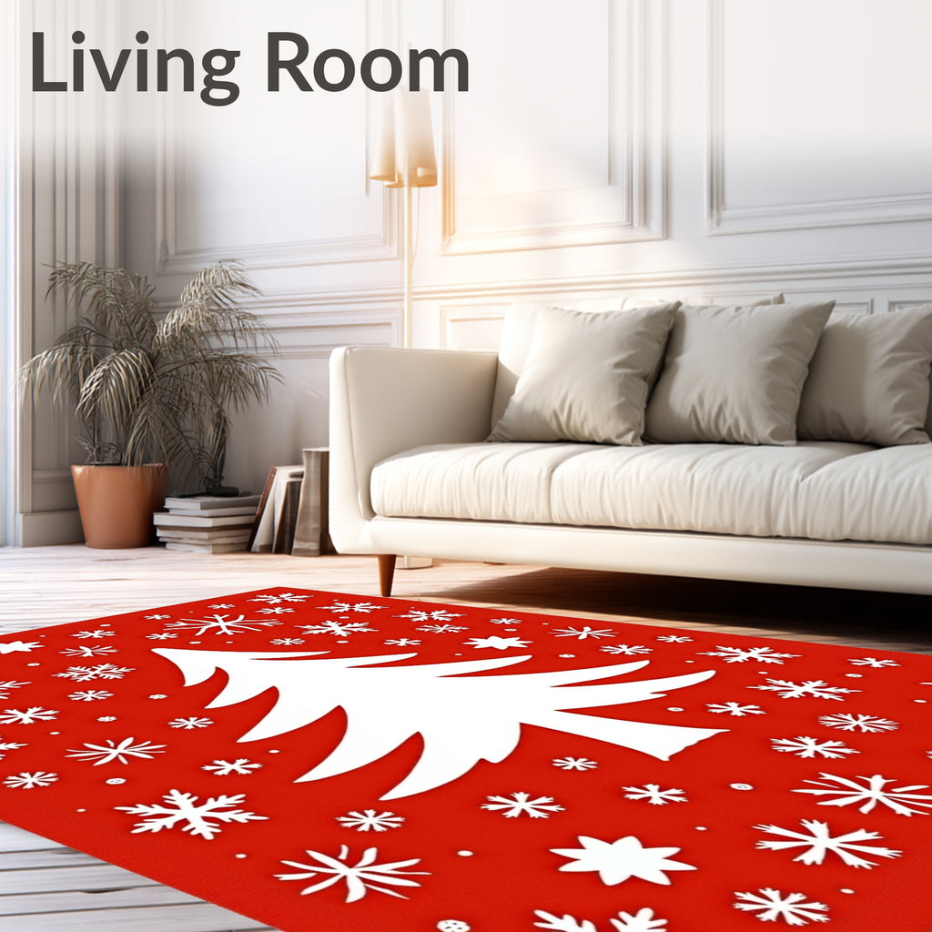 Red White Christmas Tree Snowflakes Rug
