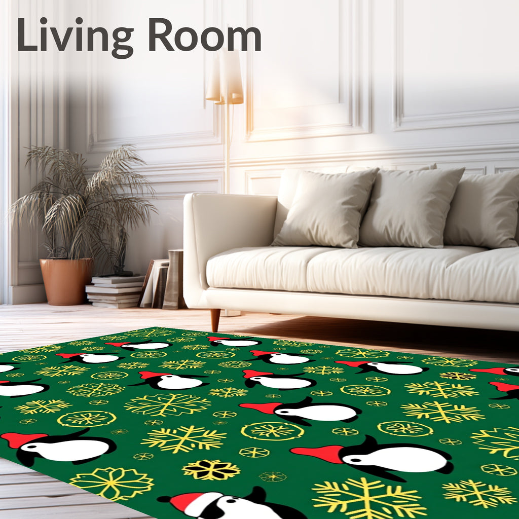 Festive Green Penguin and Snow Flake Rug