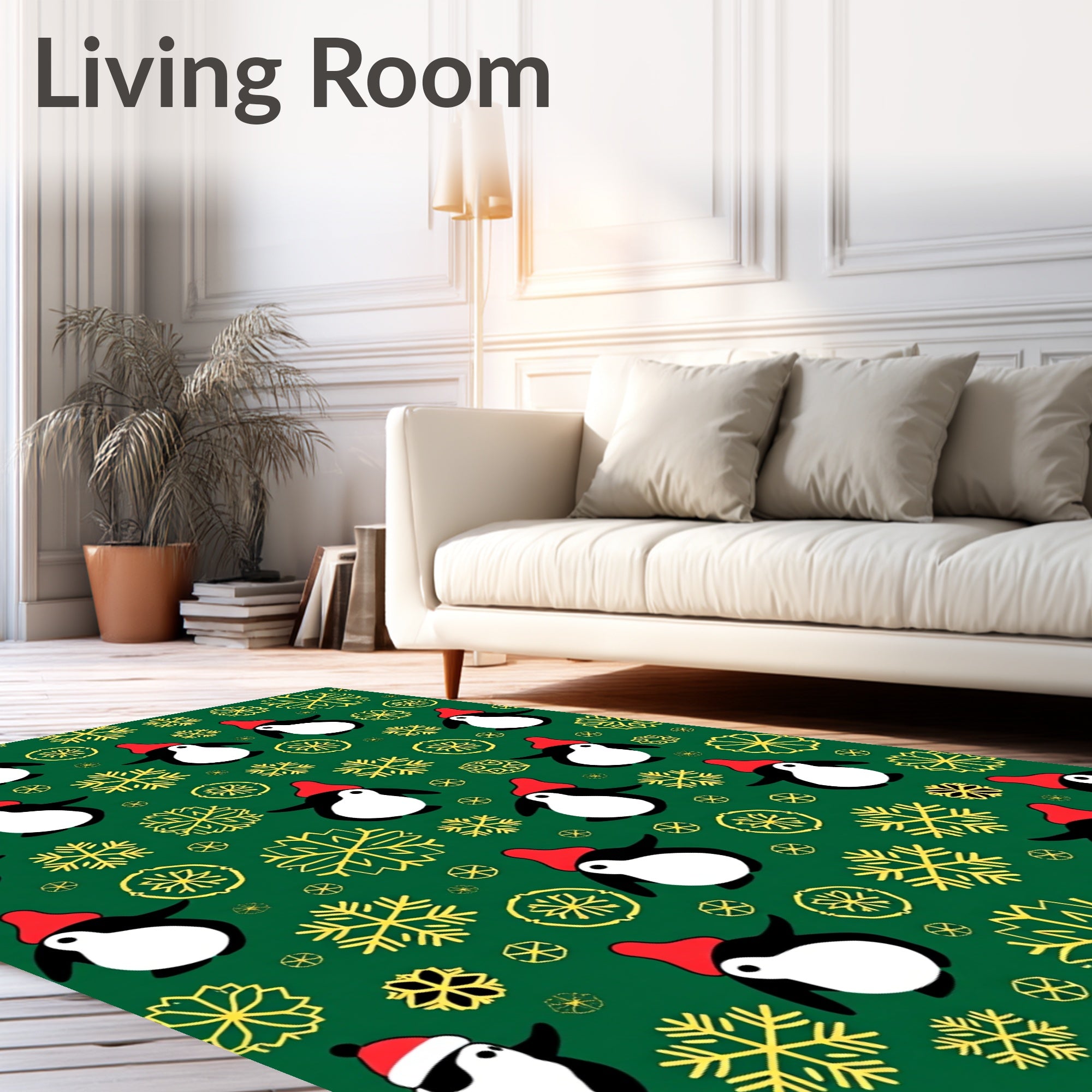 Festive Green Penguin and Snow Flake Rug