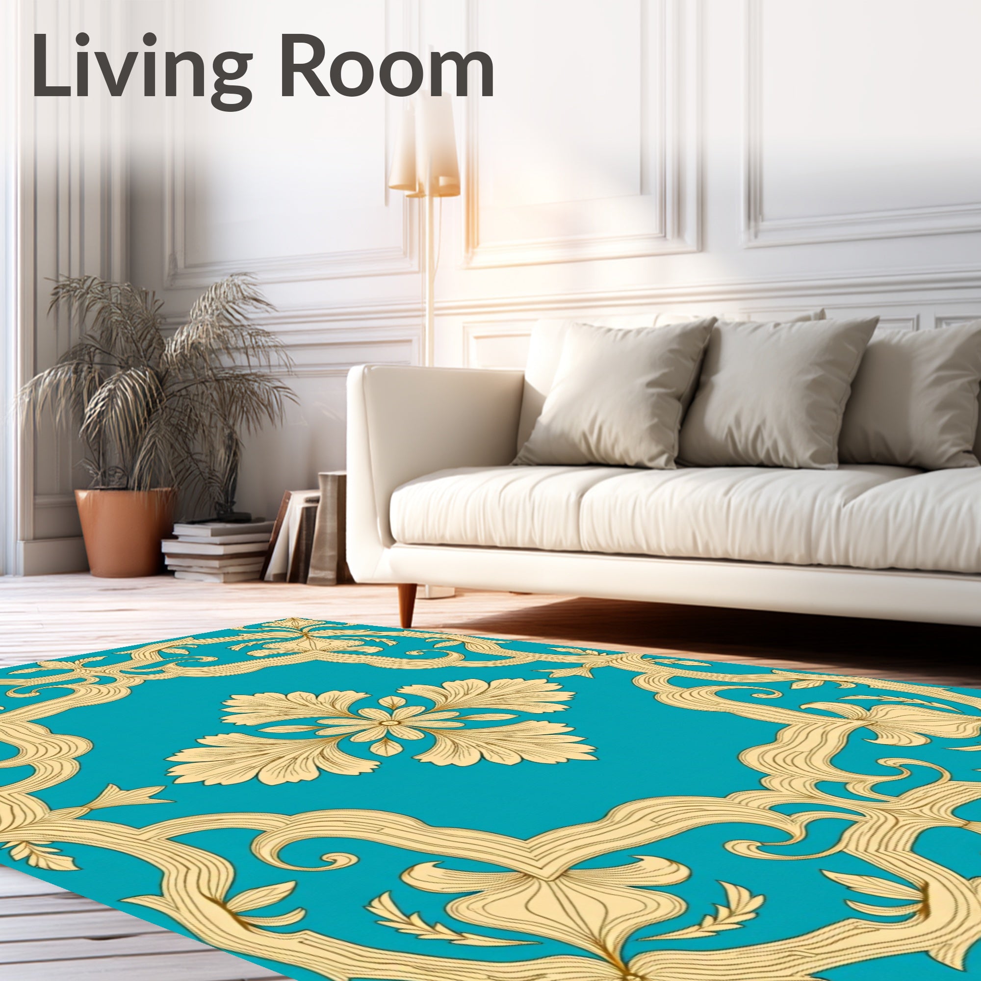 Golden Floral Medallion on Teal Background Rug