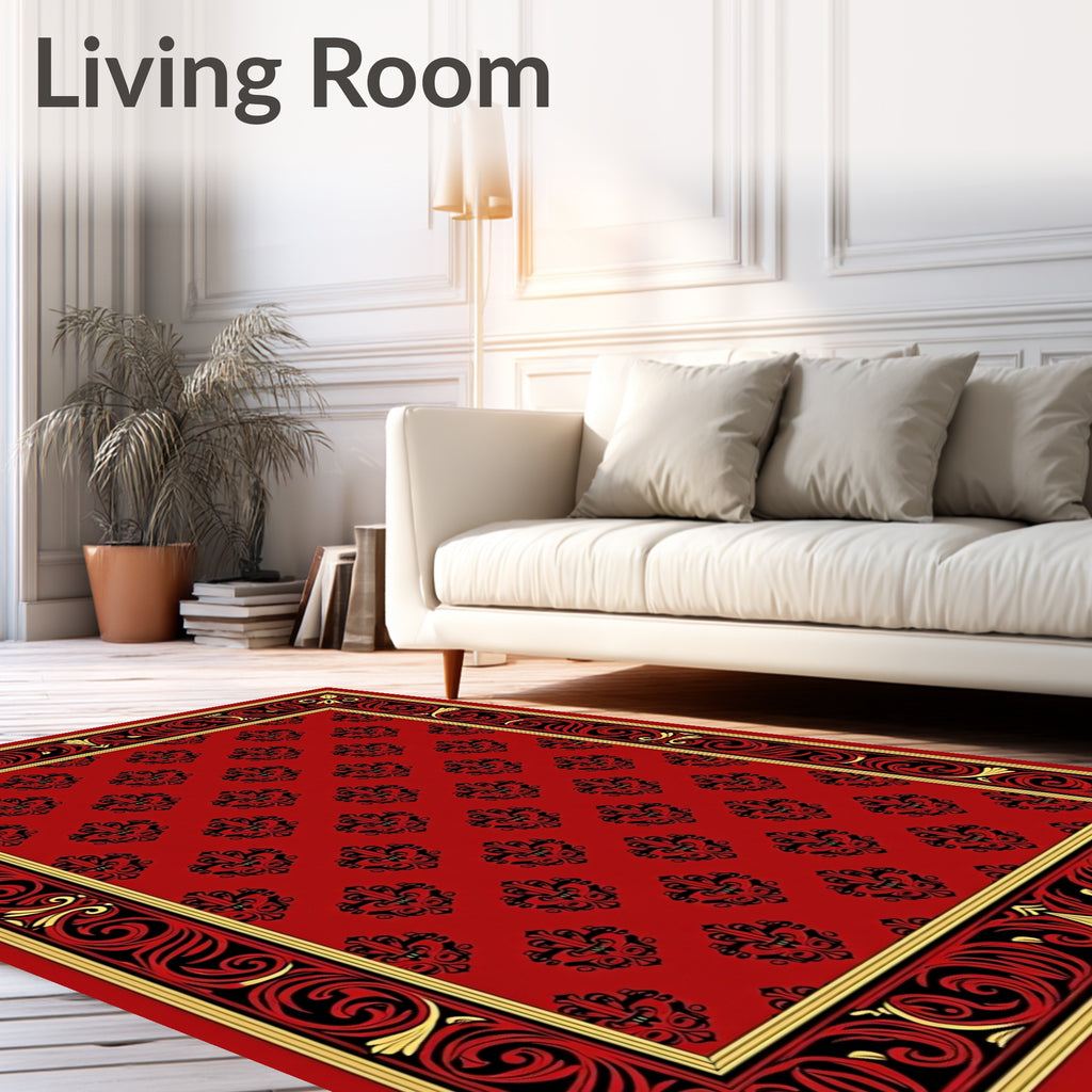 Crimson Red Black Gold Damask Border Rug