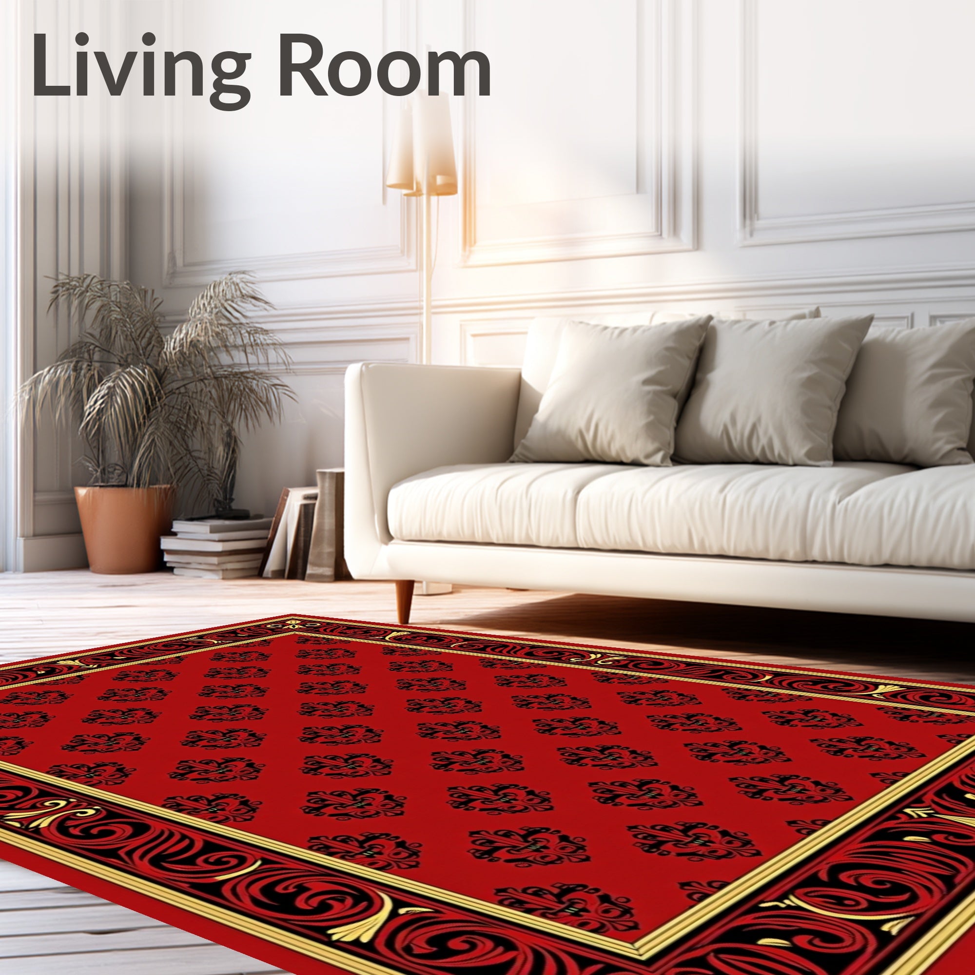 Crimson Red Black Gold Damask Border Rug
