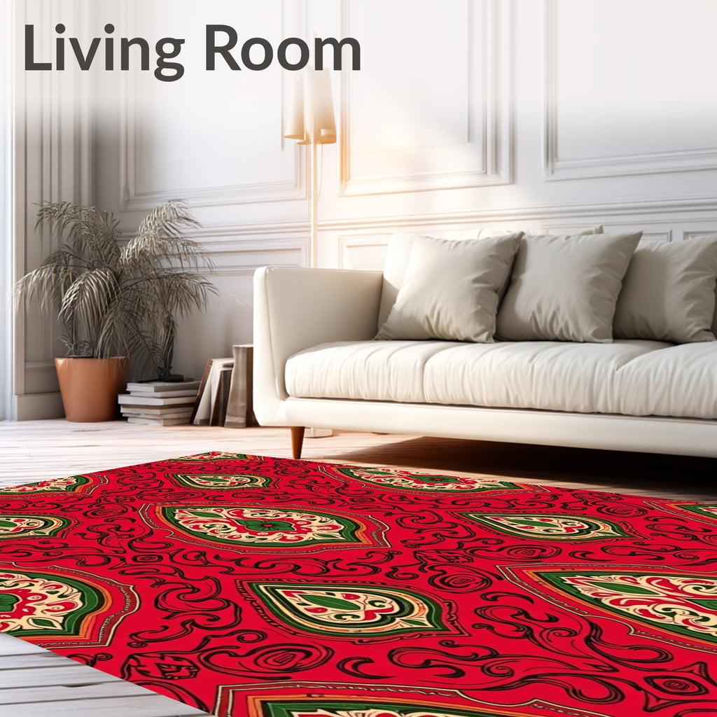 Crimson Emerald Arabesque Scroll Rug
